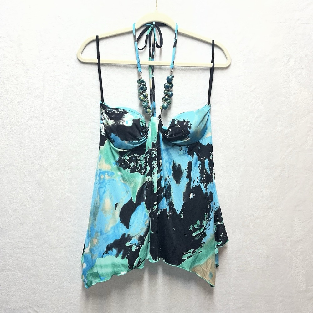 VENUS Abstract Tie Dye Halter Top Womens Small Beaded Tropical Resort Vacation